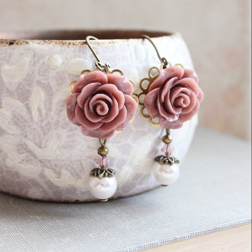 Rose Earrings | Dusty Rose Pink with Pearl Drop