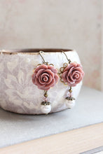 Load image into Gallery viewer, Rose Earrings Dusty Rose Pink Pearl Drop Floral Dangle Leverback Earrings Vintage Style Wedding Romantic Bridal Jewellery Bridesmaids Gift