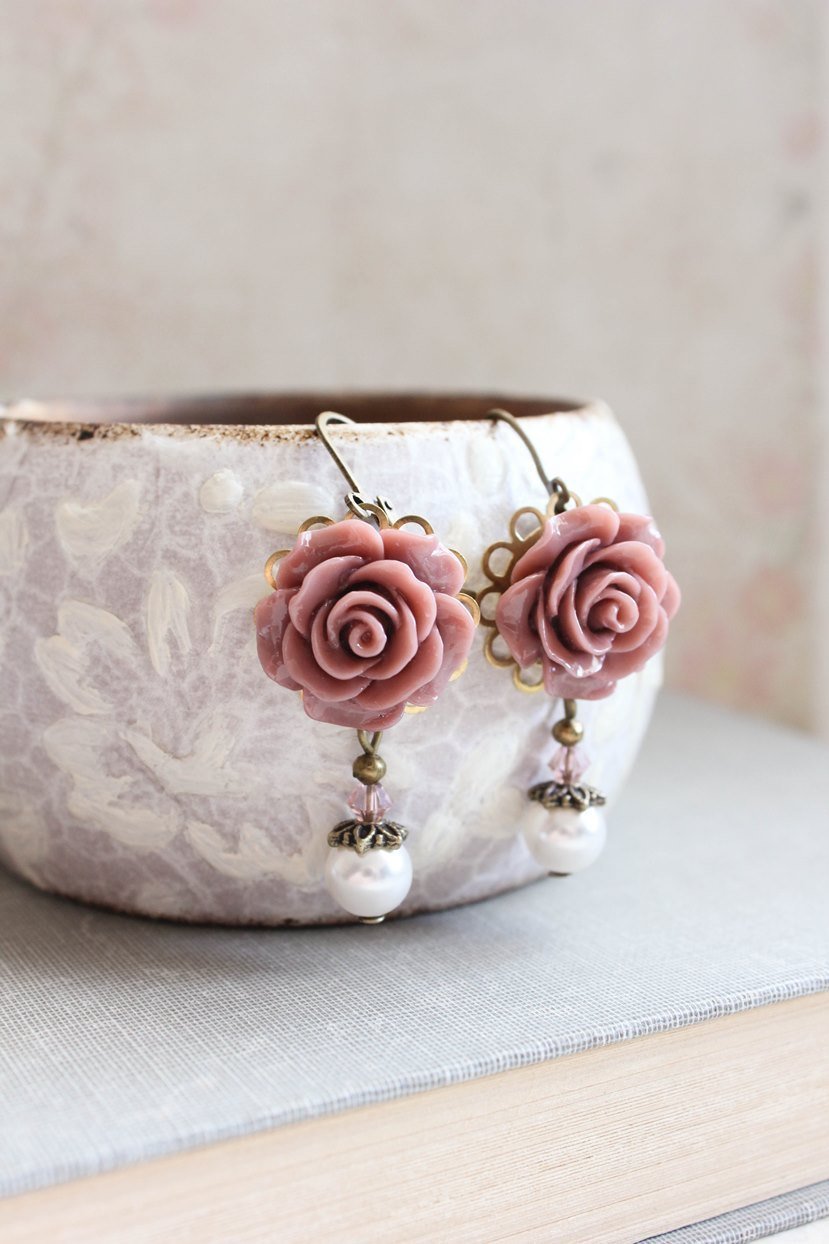 Rose Earrings Dusty Rose Pink Pearl Drop Floral Dangle Leverback Earrings Vintage Style Wedding Romantic Bridal Jewellery Bridesmaids Gift