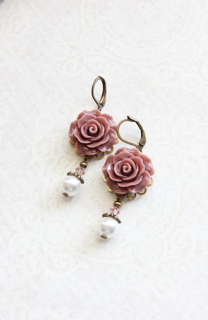 Rose Earrings | Dusty Rose Pink with Pearl Drop