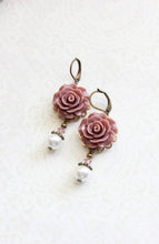 Load image into Gallery viewer, Rose Earrings Dusty Rose Pink Pearl Drop Floral Dangle Leverback Earrings Vintage Style Wedding Romantic Bridal Jewellery Bridesmaids Gift