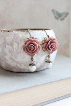 Load image into Gallery viewer, Rose Earrings Dusty Rose Pink Pearl Drop Floral Dangle Leverback Earrings Vintage Style Wedding Romantic Bridal Jewellery Bridesmaids Gift