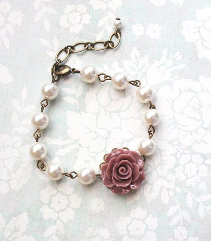 Rose Earrings | Dusty Rose Pink with Pearl Drop