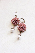 Load image into Gallery viewer, Rose Earrings Dusty Rose Pink Pearl Drop Floral Dangle Leverback Earrings Vintage Style Wedding Romantic Bridal Jewellery Bridesmaids Gift