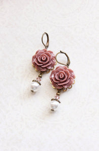 Rose Earrings Dusty Rose Pink Pearl Drop Floral Dangle Leverback Earrings Vintage Style Wedding Romantic Bridal Jewellery Bridesmaids Gift