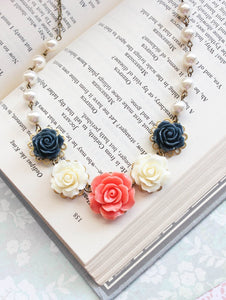 Coral and Navy Rose Necklace