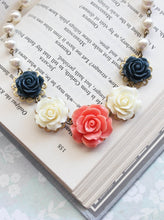 Load image into Gallery viewer, Coral and Navy Rose Necklace