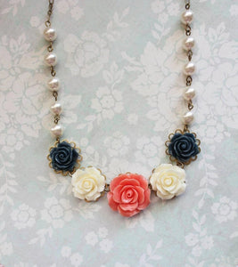 Coral and Navy Rose Necklace