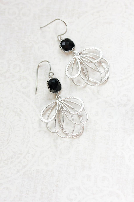Silver Loop Earrings - Black