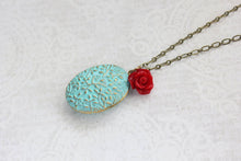 Load image into Gallery viewer, Aqua Patina Locket - Red Rose Charm