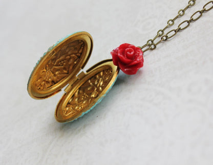 Aqua Patina Locket - Red Rose Charm