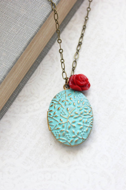 Aqua Patina Locket - Red Rose Charm