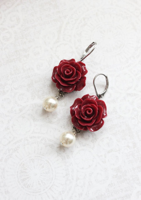 Deep Red Rose Earrings