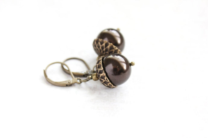 Pearl Acorn Earrings -Brown