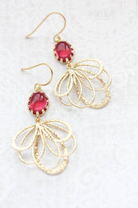 Gold Loop Earrings - Cherry Red
