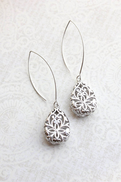 Silver Teardrop Filigree Earrings