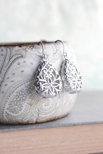 Silver Teardrop Filigree Earrings