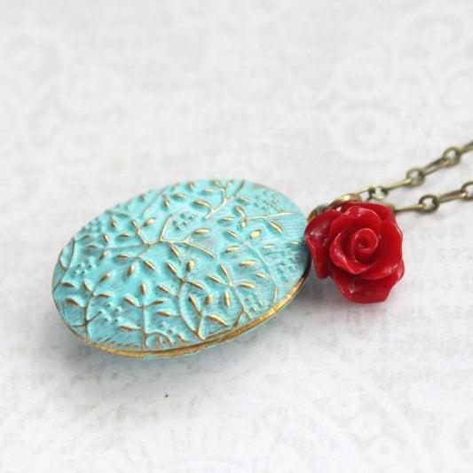Aqua Patina Locket - Red Rose Charm