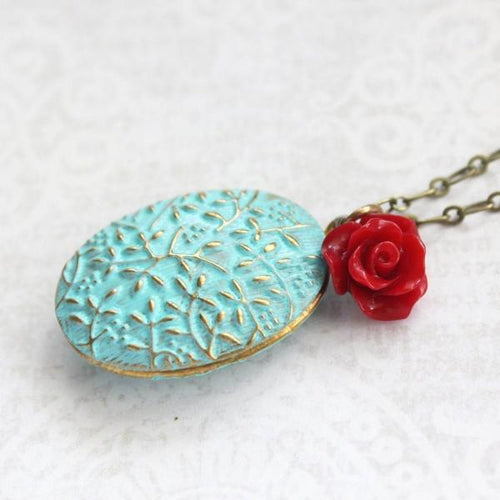 Aqua Patina Locket - Red Rose Charm
