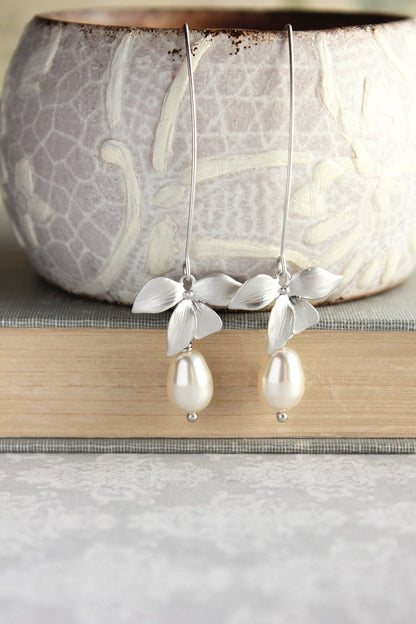Silver Orchid Earrings - White Pearl