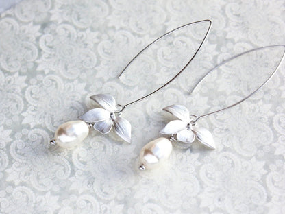 Silver Orchid Earrings - White Pearl