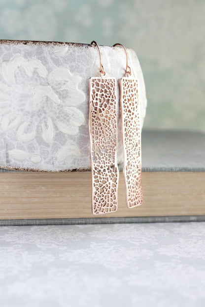 Long Bar Filigree Earrings - Rose Gold