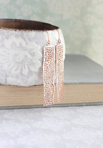 Long Bar Filigree Earrings - Rose Gold