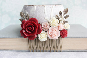 Red and Pink Floral Comb - C1040